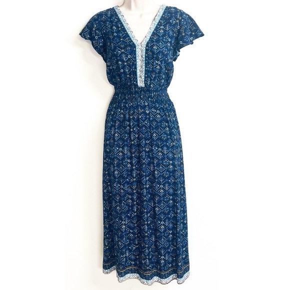 NWT Lucky Brand Floral Midi Skirt Flutter Cap Sleeve Pullover Blue Multi V Neck - Picture 1 of 8